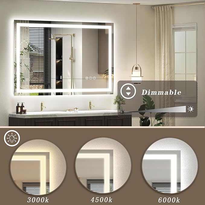 44x36 LED Lighted Mirror for Bathroom Wall, Dimmable Vanity Mirror with Lights, Anti-Fog, ETL Listed (Backlit and Front Lit)