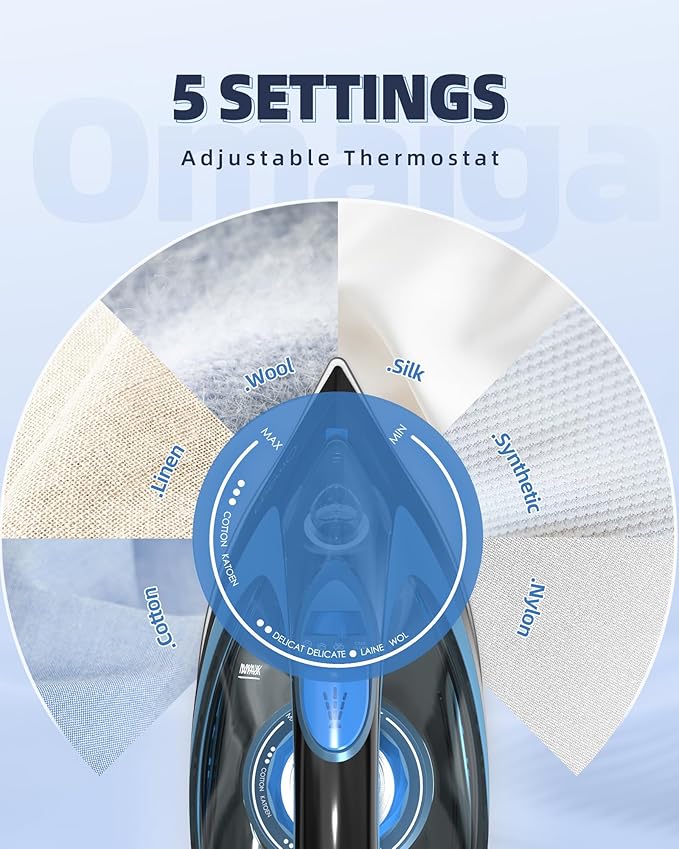 Steam Iron for Clothes, 1750W Clothes Iron Rapid Heating, Non-Stick Ceramic Soleplate, 3-Way Auto-Off, 15.21oz Water Tank, Self-Cleaning, Anti-Drip, Anti-calc Ironing Clothes for Home, Blue
