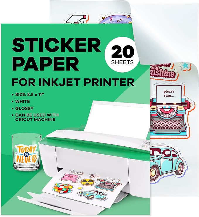 Sticker Paper for Inkjet Printer -, 8.5 x 11" Letter Size, Glossy White Vinyl