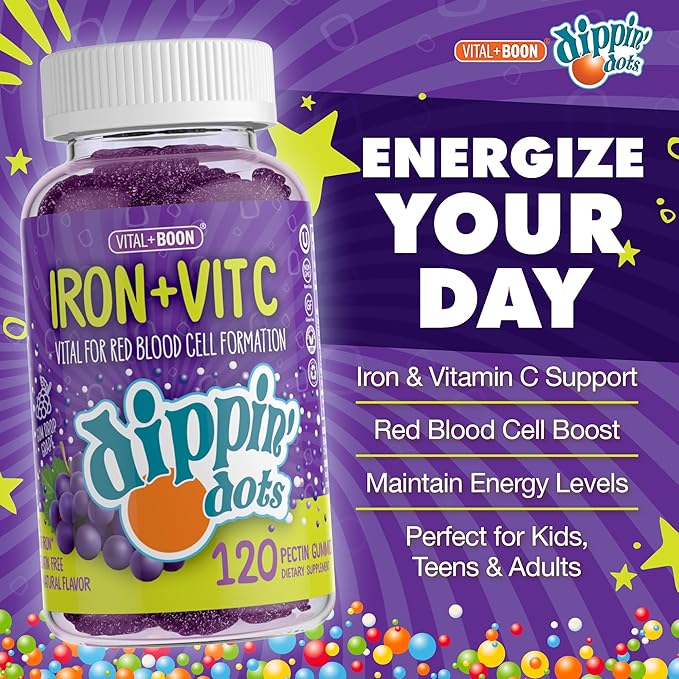 Iron with Vitamin C & B12 Gummies (120 Count) Vital for Red Blood Cell Formation | Gum Drop Grape Real Pectin Fruit Chew Supplements | Vegan, Non-GMO, Gluten Free & Gelatin Free