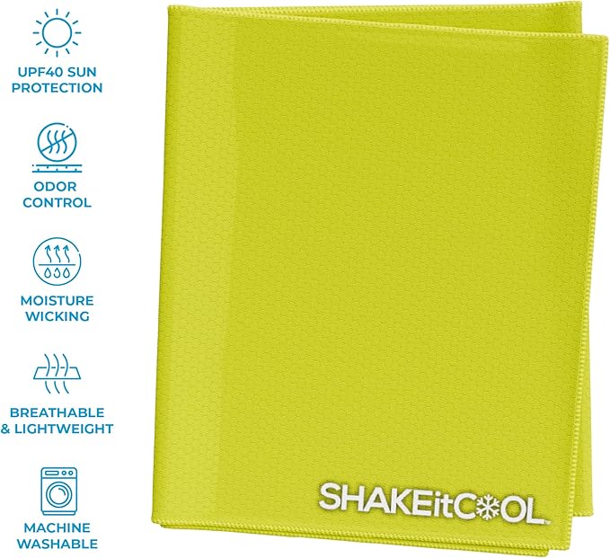 SHAKEitCOOL Extended Size Cooling Towel – Be Cool in Style - Heat Relief, Soft, Lightweight, Sun Protection, Easy Clean - Perfect for Biking, Hiking, Running, Yoga, Golf, Gardening - Safety Yellow M