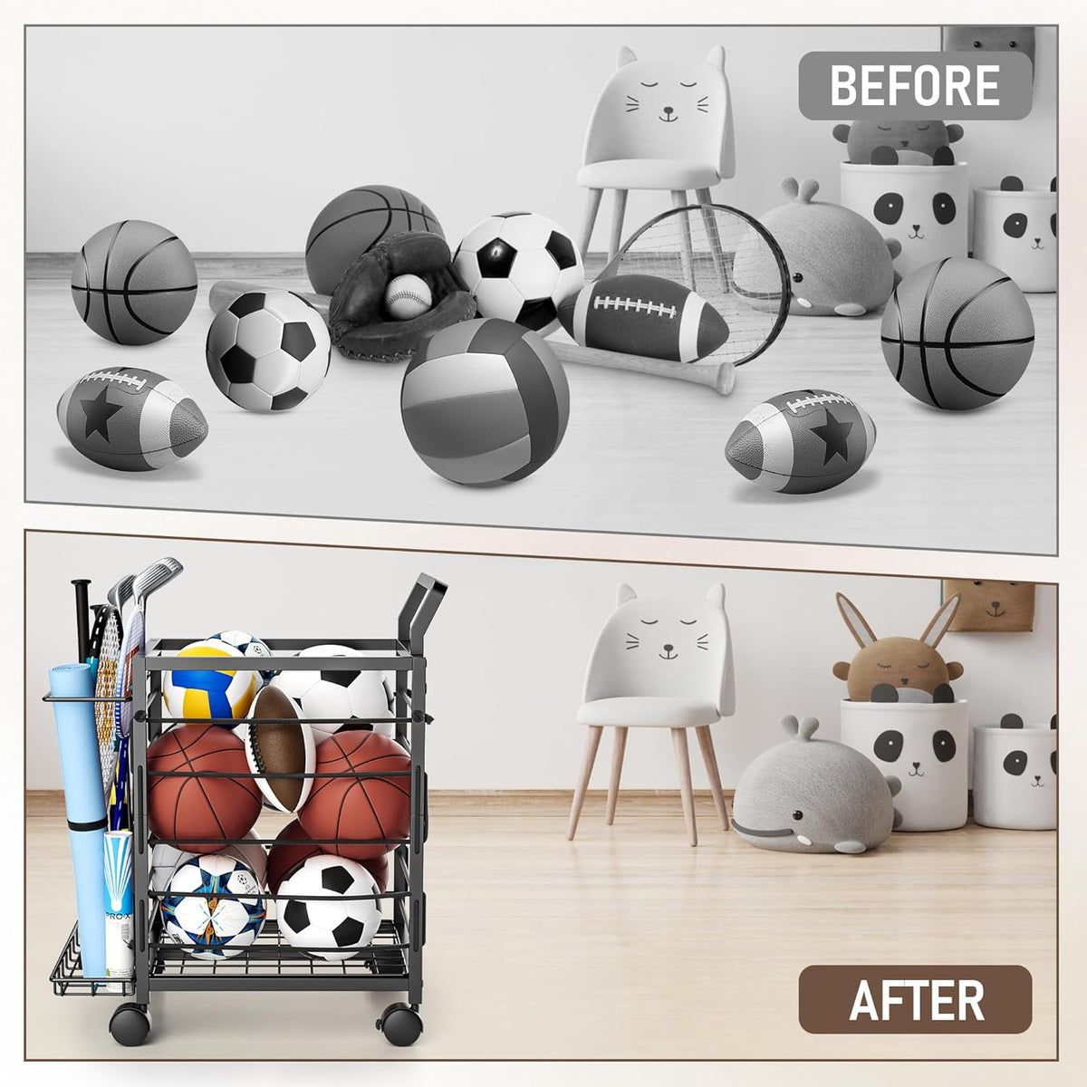 Skiennix Sports Equipment Garage Organizer - Upgraded Ball Storage Rack with Wheels | Black