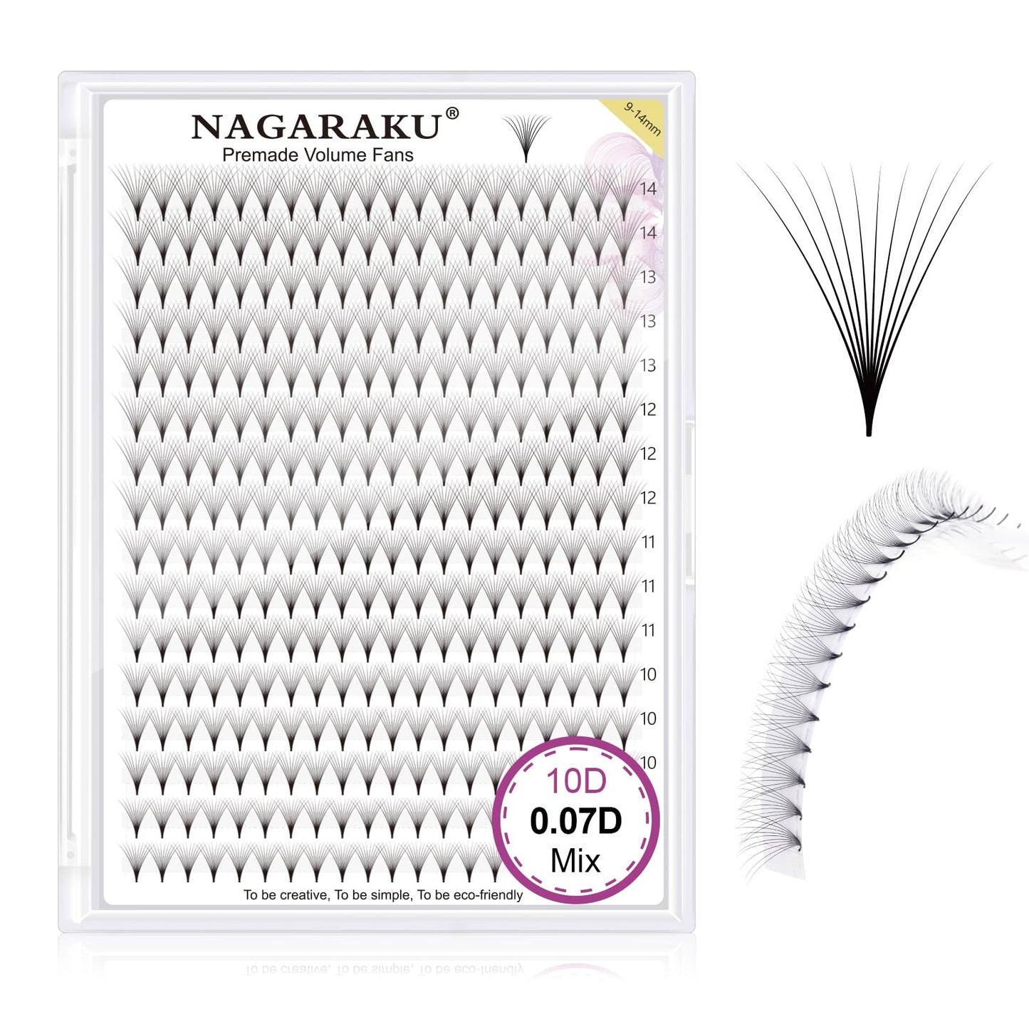 Nagaraku Premade Fans Eyelash Extensions Thin Pointy Base 10D Volume Sharp Narrow Stem 0.07Mm D Curl 9-14Mm Mix Clusters Russian