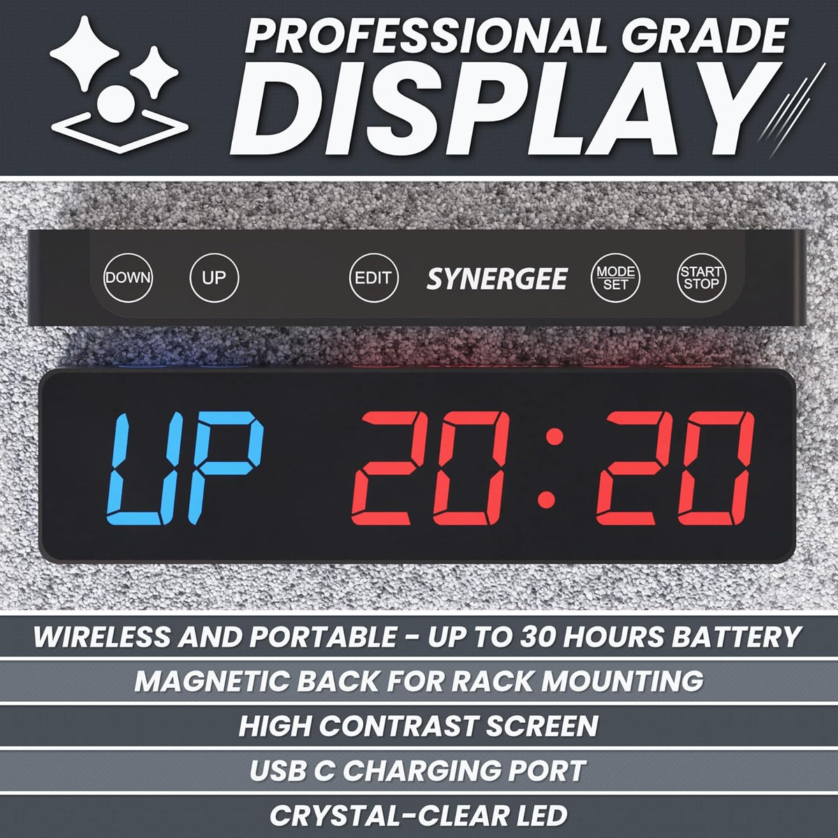 Synergee Magnetic Gym Timer Clock - LED Display, 30-Hour Battery, Built-in Magnet | Ideal for Home & Garage Workouts