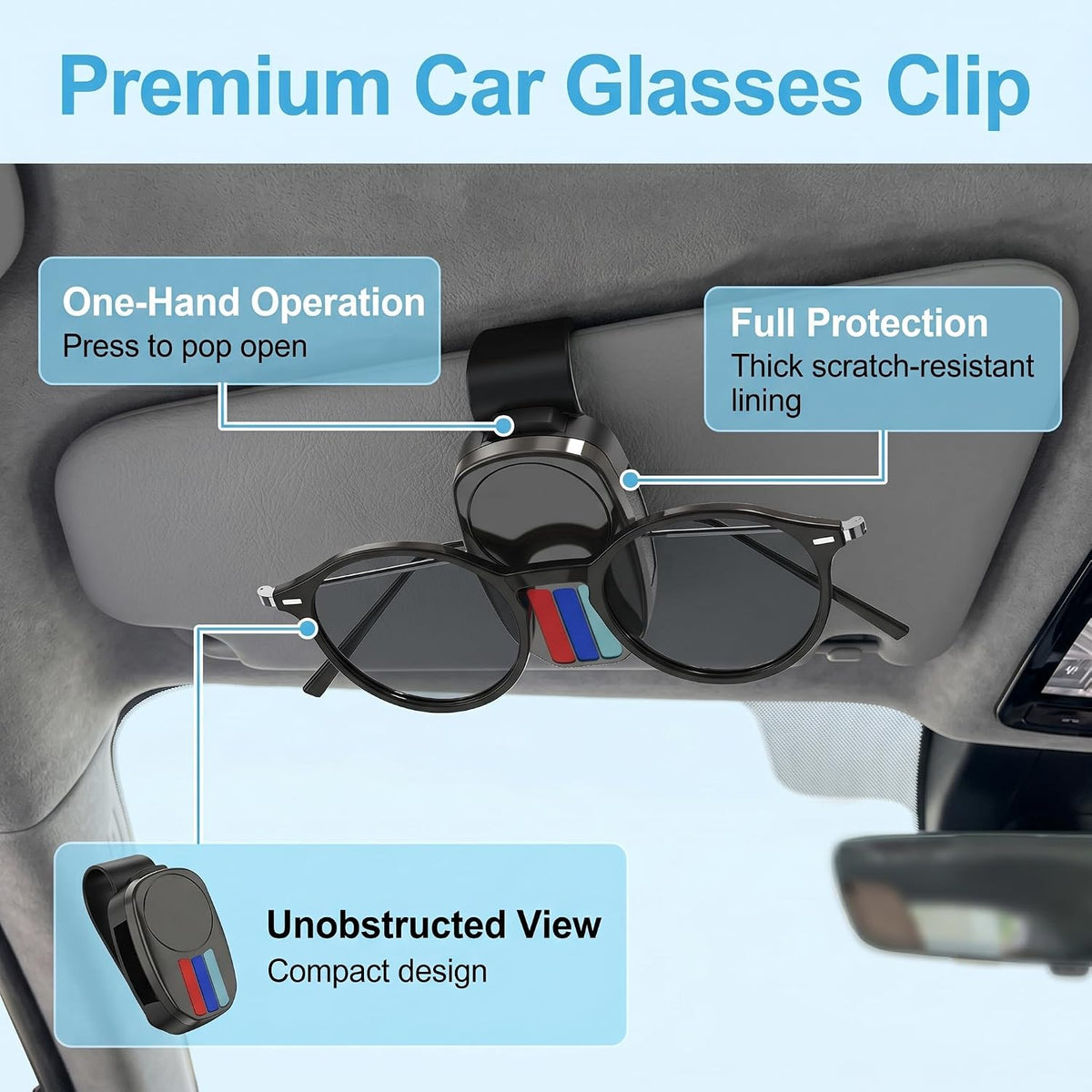 Mini Car Sun Visor Glasses Clip - One-Click Push Button Sunglasses Holder - Sporty Tri-Color Stripe Design,Universal Fit Car Enthusiasts and Drivers,Auto Interior Organizer (Black)
