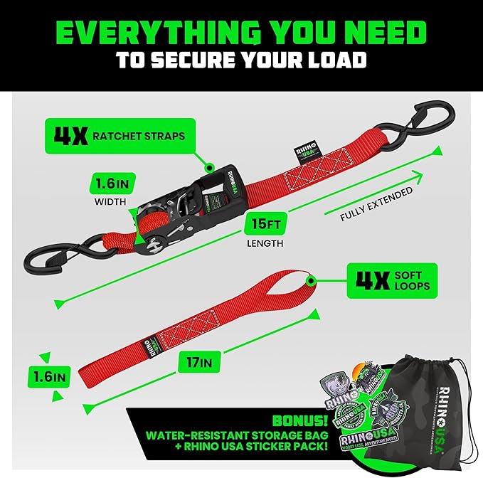 Rhino USA Ratchet Straps Heavy Duty Kit (4-Pack) - 1.6 Inch x 15 Feet Min Break Strength (5,000) - Ultimate Tie Down Straps with Safety S Hooks for Trucks, ATV, UTV, Motorcycle, Cargo & More - Black