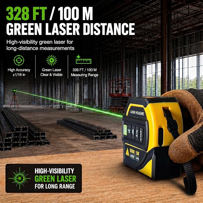 4-in-1 Digital Green Laser Tape Measure, 16FT Tape, 328FT Distance Meter | 33FT
