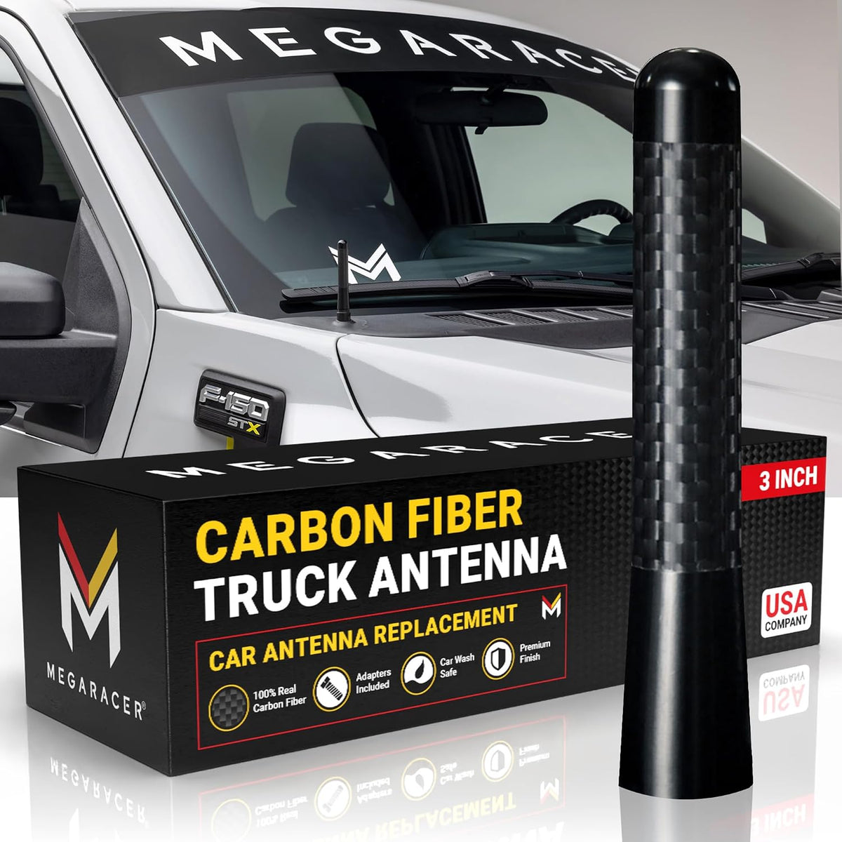 3" Short Black Carbon Fiber Truck Antenna for Ford F150 F250 Bronco RAM 1500 Chevy Silverado GMC Sierra Wrangler Gladiator Tundra Tacoma RAV4 Rogue, Car Wash Safe, Small Stubby Replacement Accessories