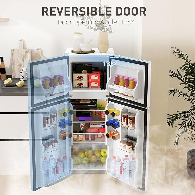 HOMCOM 4 Cu.Ft Mini Fridge with Freezer Double Reversible White | Compact Refrigerator, Adjustable Thermostat, Shelf, for Bedroom Dorm Home Office, Energy Efficient