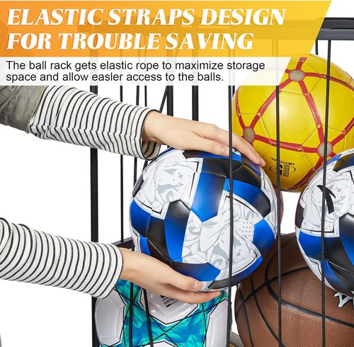 Hencawima Ball Storage Rack - Freestanding Organizer for Basketball, Soccer & More | Black