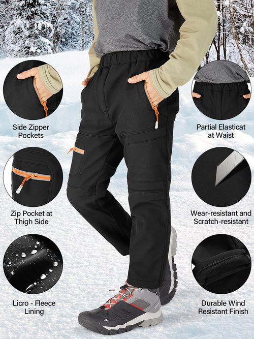 linlon Kids Boy's Snow Waterproof Pants Youth Fleece Lind Hiking Softshell Warm Insulated Ski Trousers,9056-Black-XXL(11-13Years)