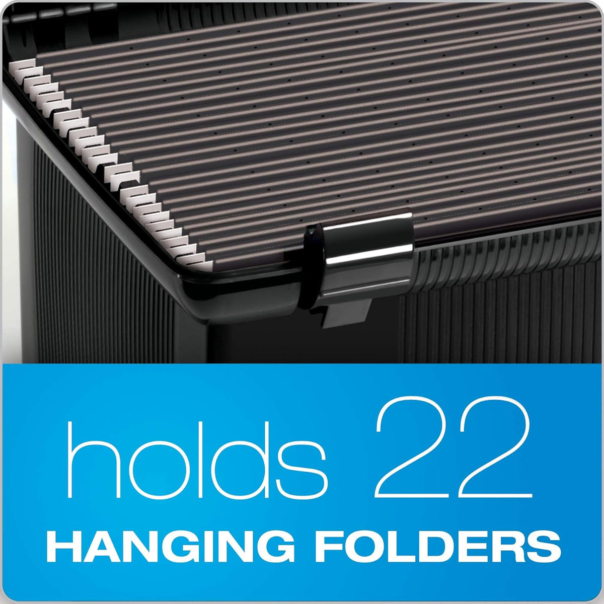 Pendaflex Portable File Box with File Rails, Simple Document Storage, File Bin for Home and Office, Hinged Lid with Double Latch Closure, Black, 3 Black Letter Size Hanging Folders Included (41742AMZ)