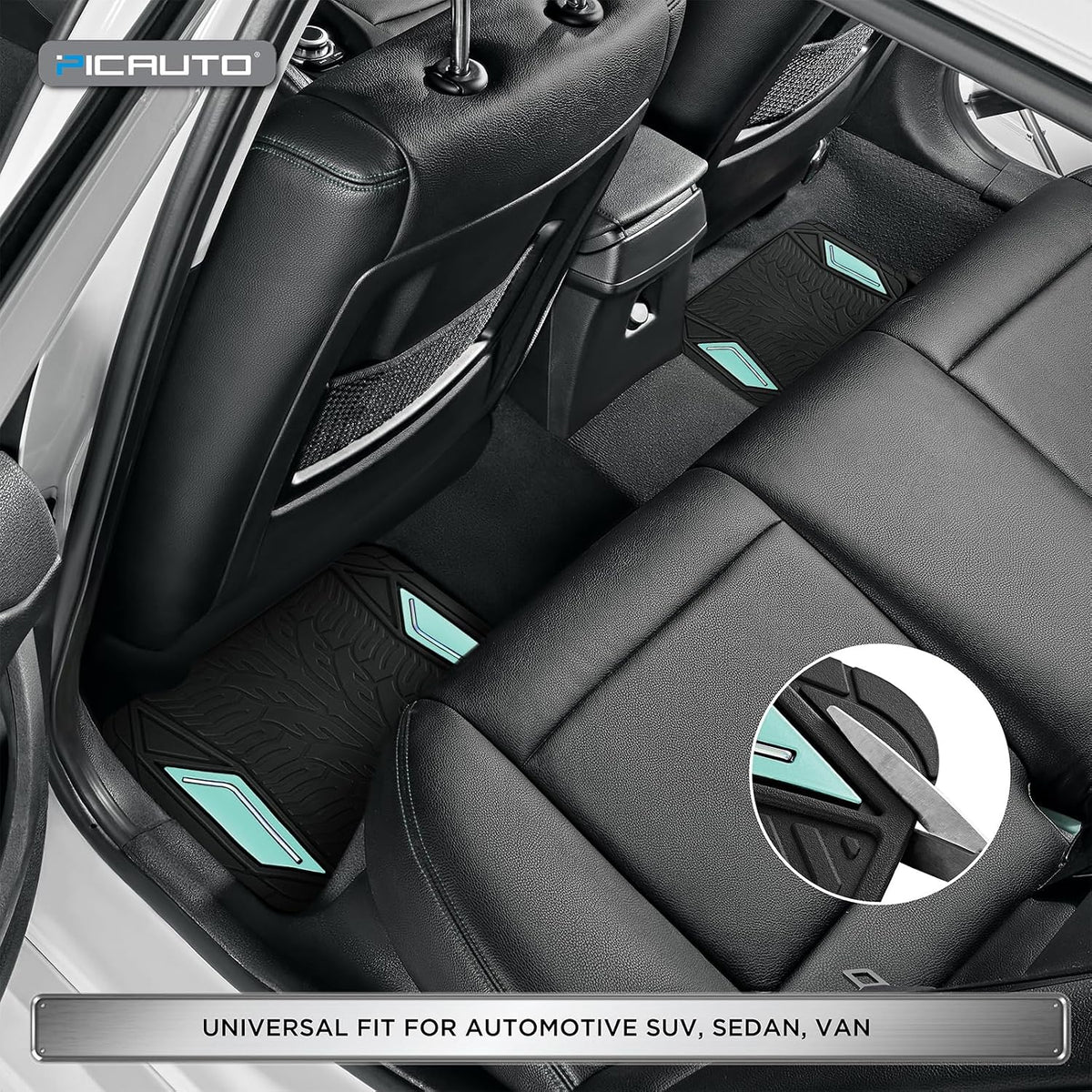 PIC AUTO Rubber Floor Mats, Mint Aluminum Film with Colorful Piping Floor Mats for Cars, Car Mats with Non-Slip Backing, All-Weather Protection, Trim-to-Fit Liner for Cars, SUVs, Trucks, Vehicles