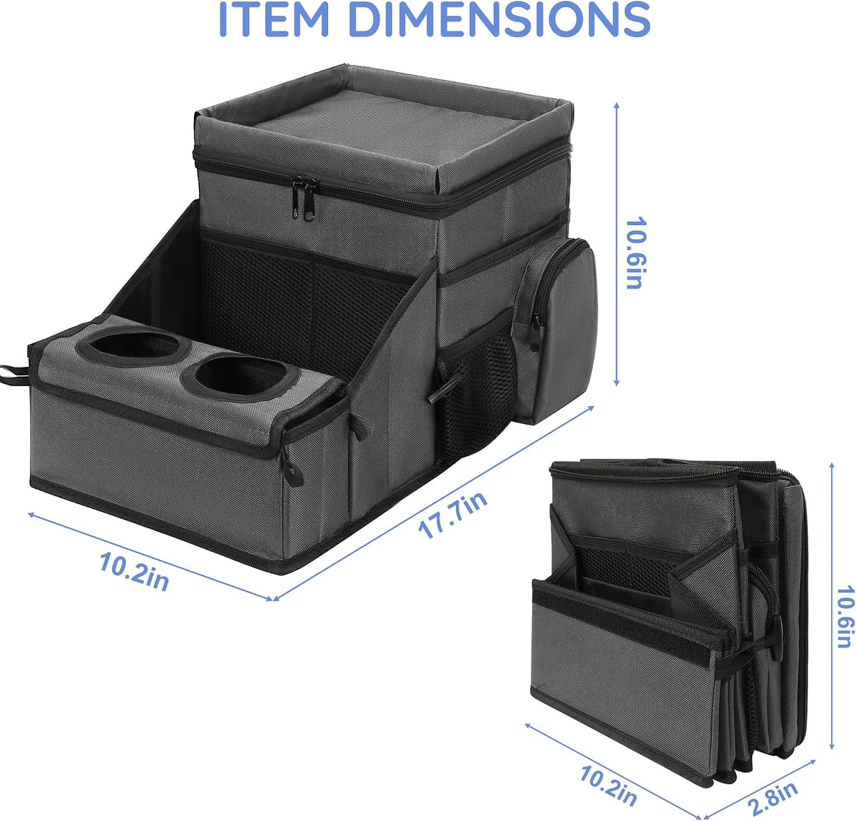 Car Front/Back Seat Organizer with Cup Holder, Movable Divider & Side Pockets, Insulated Compartment for Hot/Cold; Holds Bottles Firmly in Place, Non-slip, Easy-clean, Foldable with Strap