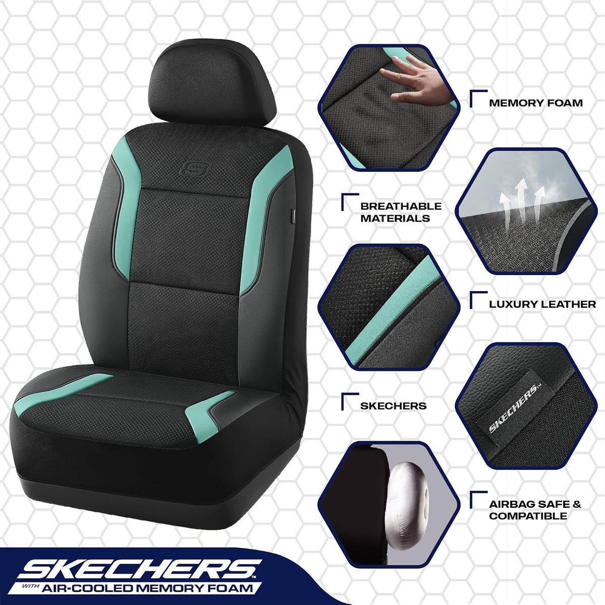 Skechers Memory Foam Car Seat Covers, Air Cool Mesh Thick Seat Covers,Car Seat Covers Front Seats Airbag Compatible, Automotive Comfort Protection for Most Cars,Van,Trucks, SUVs,Green