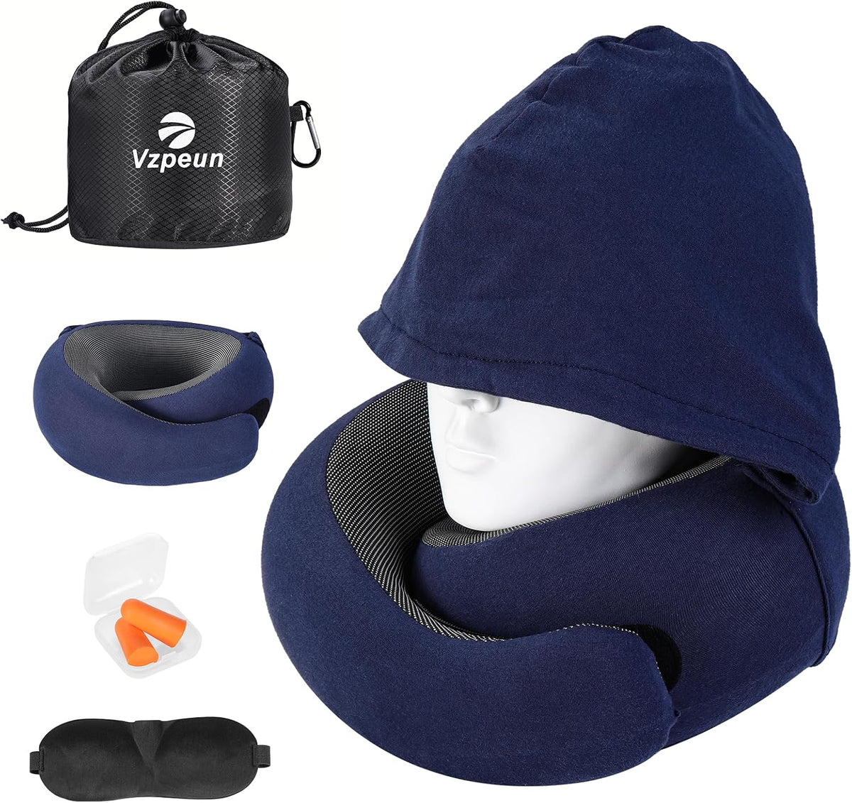 Travel Pillow - Hooded Neck Pillow Airplane Memory Foam Filling for Plane, Cars Sleeping, Road Trip, Long Flights, Airplane Travel Essentials, Includes Eye Mask & Earplugs (Light Gray)