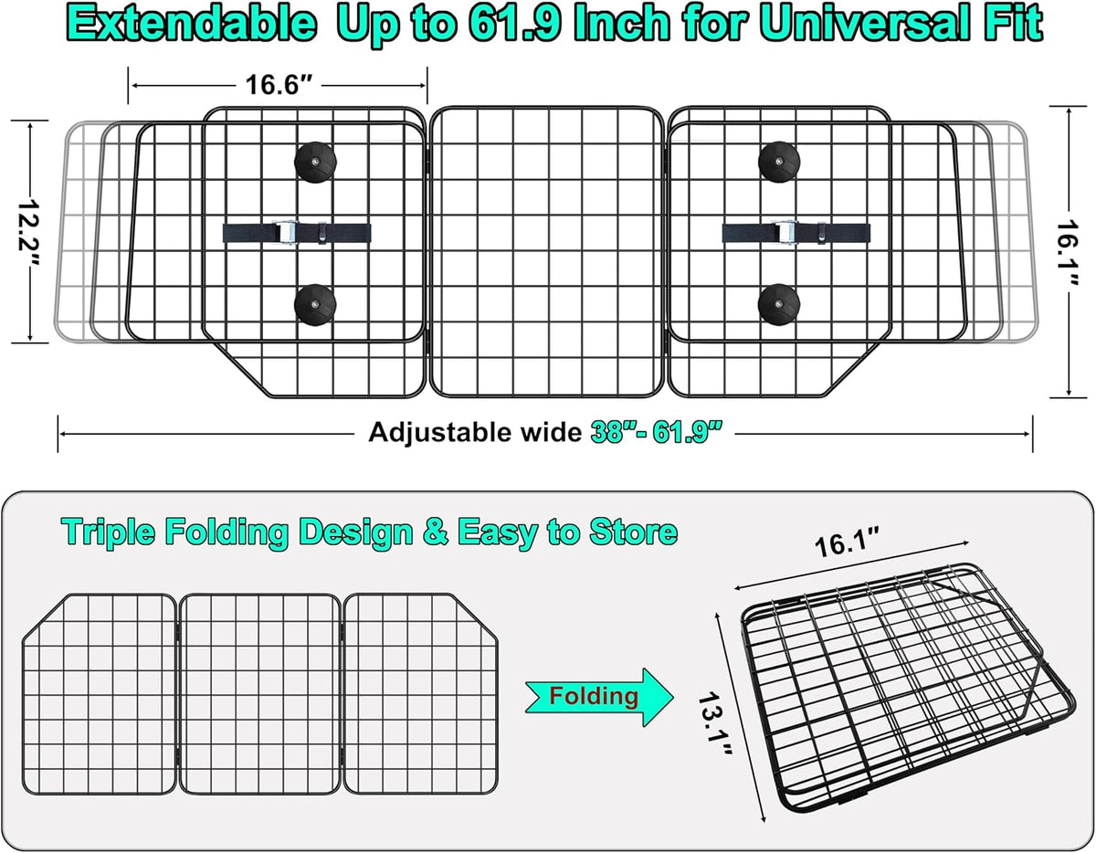 CASIMR Dog Car Barrier for SUVs, Vehicles, Trucks, Cars, Adjustable Pet Divider Cargo Area Universal-Fit, Heavy-Duty Wire Mesh Barriers, Safety Travel Accessories Cover, 61.9 Inch