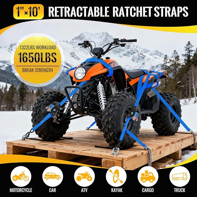 TLGREEN Retractable Ratchet Straps,Blue,4 Pack,1” x 10’1650lb Break Strength Heavy Duty Auto Self Retracting Tie Down Straps for Truck, Cargo, Motorcycle, ATV, UTV,Boat