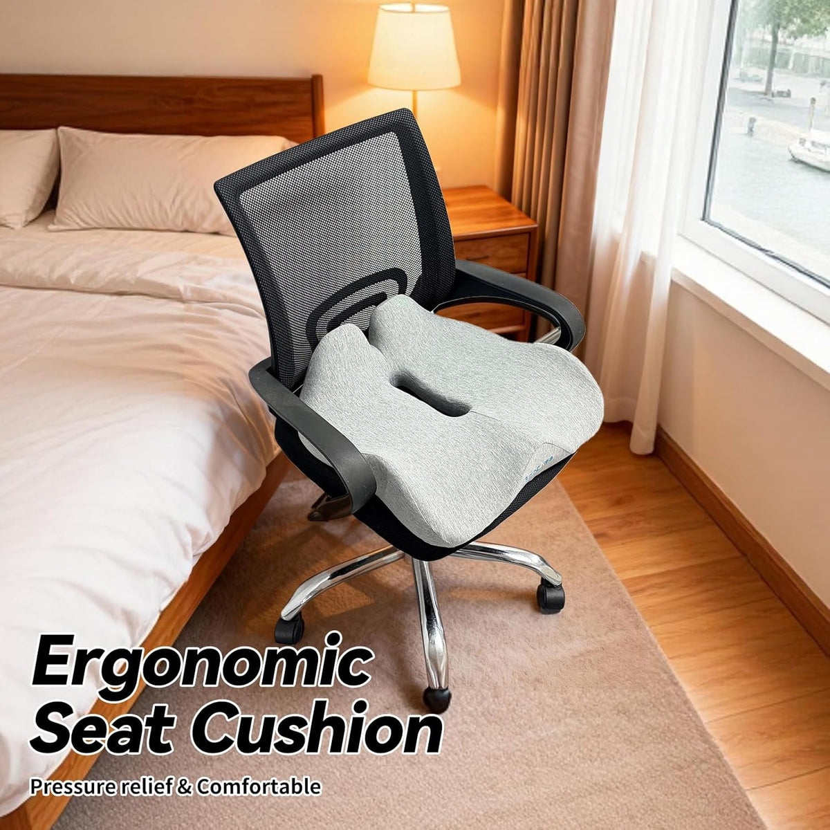 18x16 Inch Memory Foam Seat Cushion for Office, Car, Travel | Grey Chair Cushions with Removable Cover, Non-Slip Bottom and Carry Handle