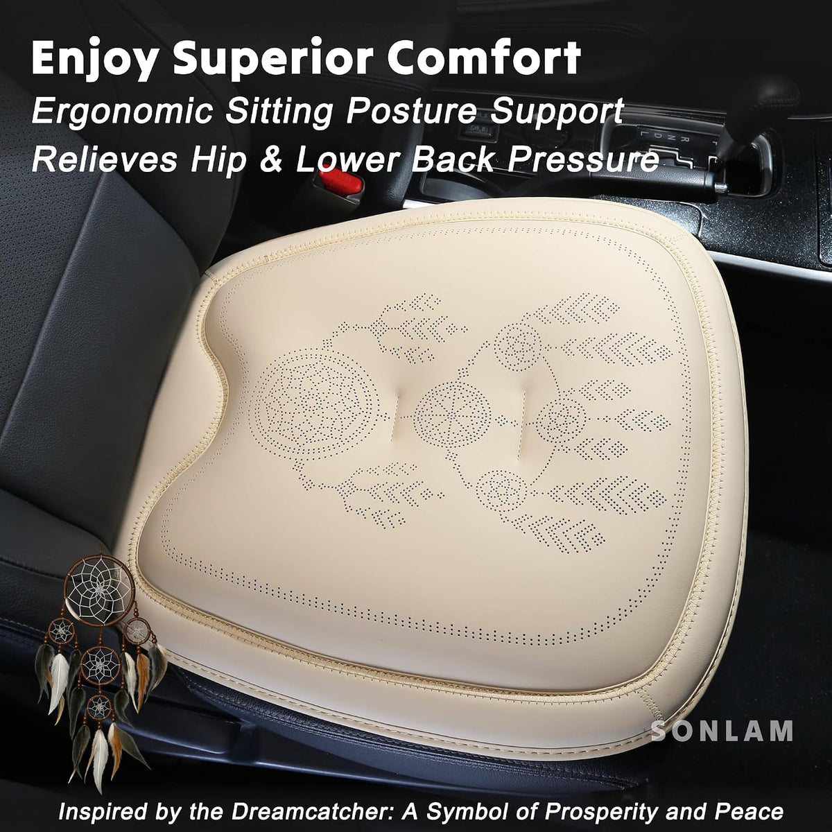 Comfort Dreamcatcher Car Seat Cushion Non-Slip - Relaxing, Optimal Support & Posture for Long Drive (Single Seat (Beige))