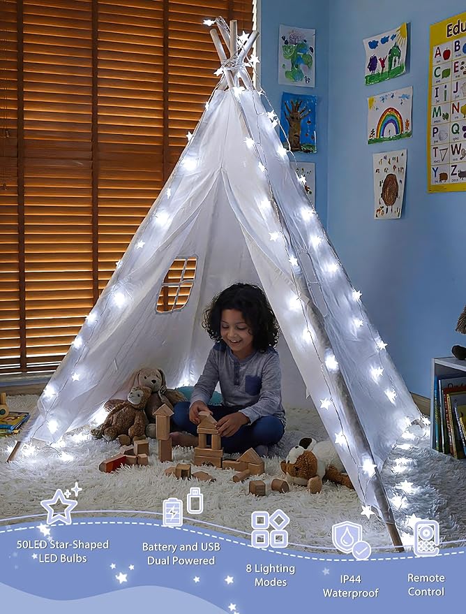 Star String Lights Battery&USB Powered,16.4FT 50LED Star Fairy Lights with Remote, Hanging Star Lights for Home, Kids Tent, Bedroom,Porch, Classroom, Christmas,Party,Room Decor,White