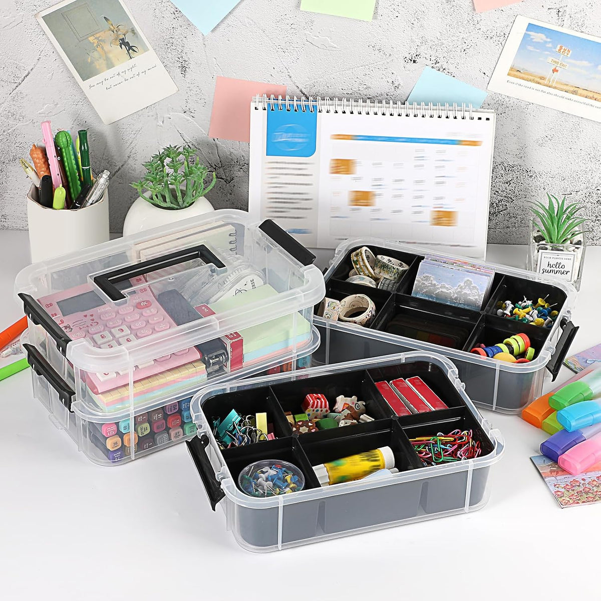 JUXYES 4-Tiers Plastic Stack Carry Storage Containers Box wih Handle Lids | Clear Stackable Latching Storage Bin With 2 Tray for School Office, Organizing Sewing, Art Craft, DIY Supplies, Black