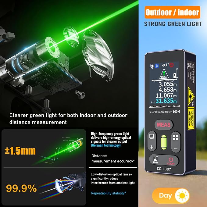 ZC-L387 Laser Measuring Tool 328Ft /100m Dual Green Laser Rangefinder Green
