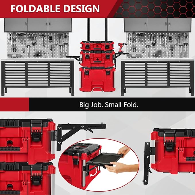 BYERN AUTO Folding Magnetic Side Table Compatible with Milwaukee Packout Toolbox, Heavy-Duty Magnetic Tool Tray with Rail Clips, Rubber-Coated Surface Workbenches, No Drilling Packout Accessories