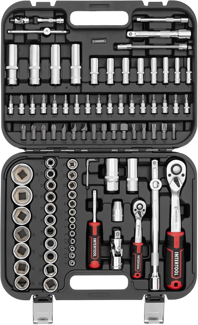 INTERTOOL Metric Socket Set 1/4” & 1/2” Drive 94-Piece 4-27 mm - for Auto Mechanics & DIY - Quick Release Ratchets, Socket Bits, Adapters, Hard Case - Tool Gift - ET08-8094