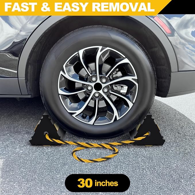 Okllen 2pair/4pack Wheel Chocks with Rope for RV Truck Trailer Camper Car, Heavy Duty Rubber Tire Chocks Blocks with 3 Reflective Strips, Anti-Roll Immobilizer Blocks