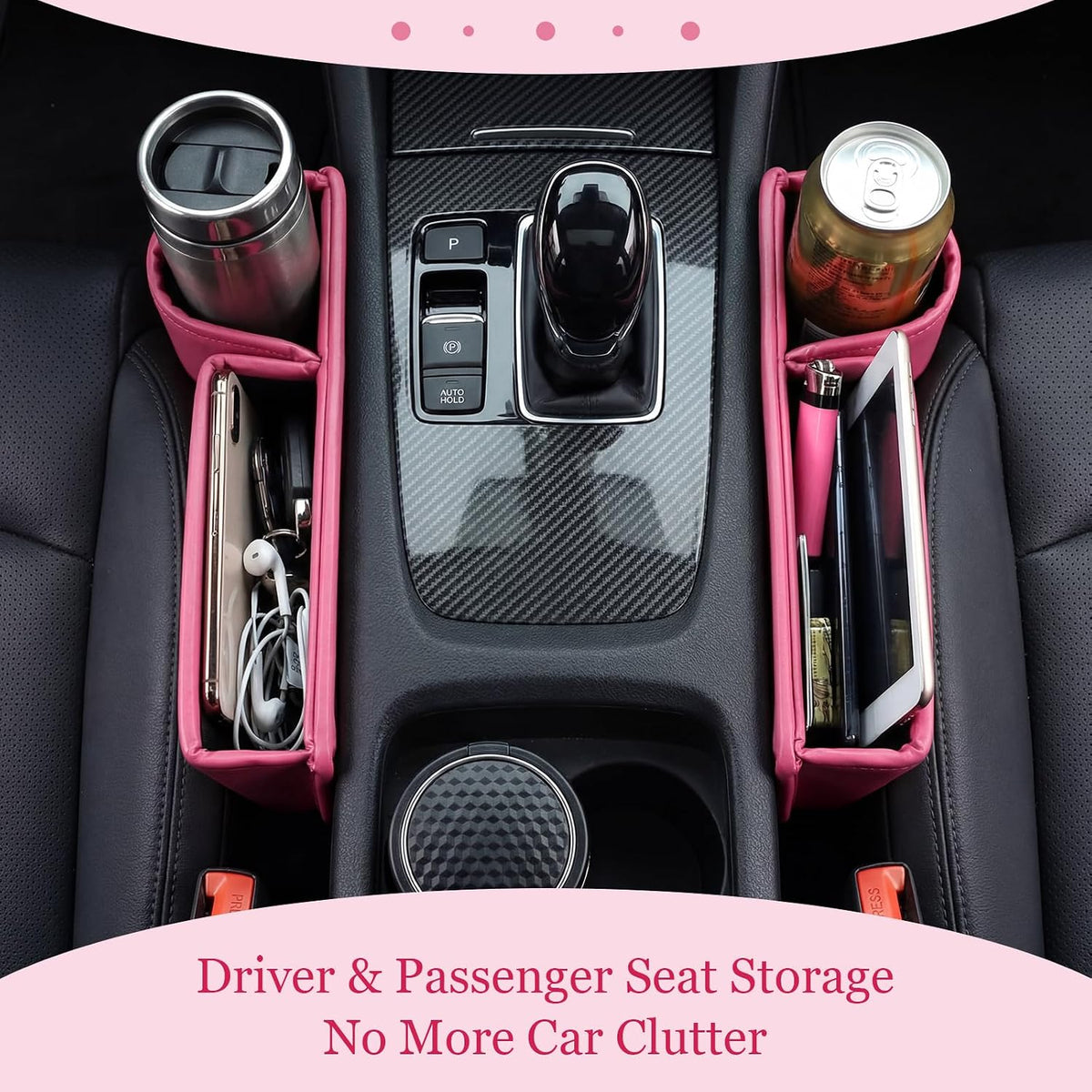Aliceset 2 Pack Pink Car Seat Gap Filler Organizer with Cup Holder and Storage Leather Car Organizer for Keys Cards Phone Sunglasses and Small Items