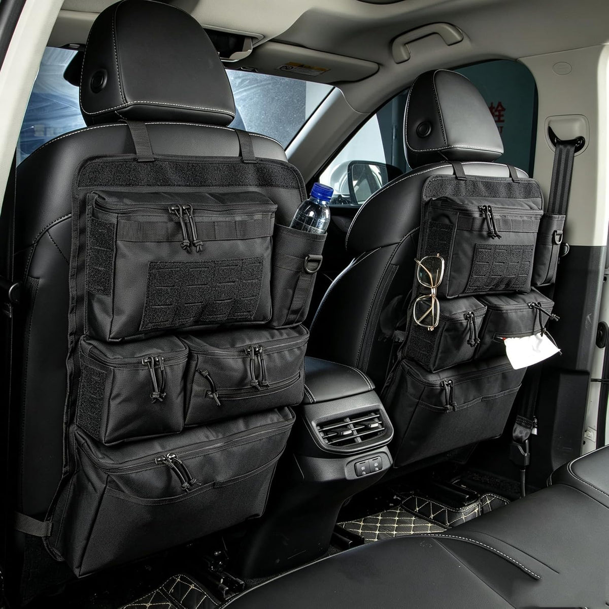One-Piece Universal Car Seat Back Organizer with Tissue & Water Bottle Bag | Tactical Molle Car Backseat Organizer, Multi Separate Storage Compartments,for Car Truck Pickups SUVs