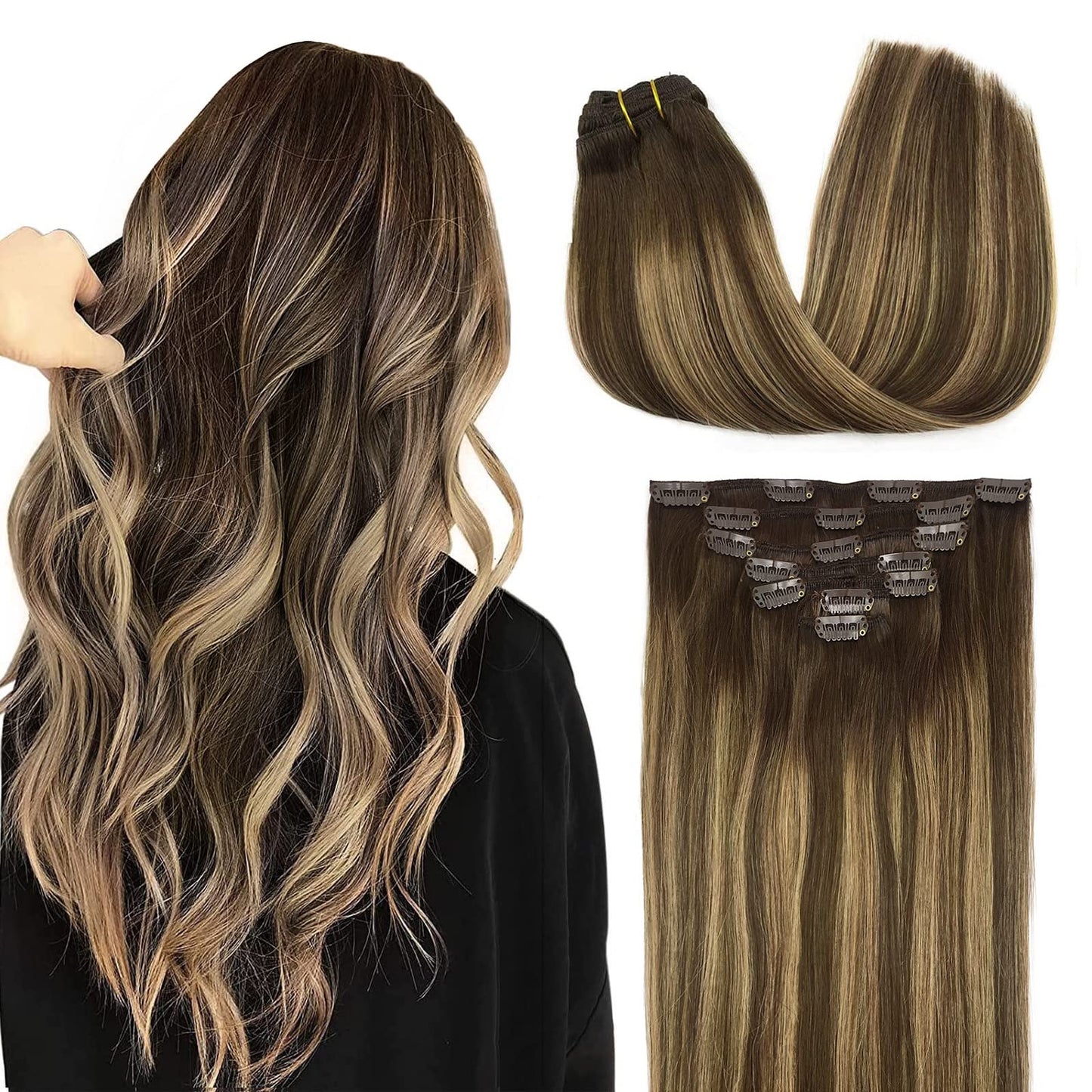 Doores Clip In Hair Extensions Real Human Hair Balayage Chocolate Brown To Caramel Blonde 16 Inch 7Pcs 120G Remy Human Hair Exte
