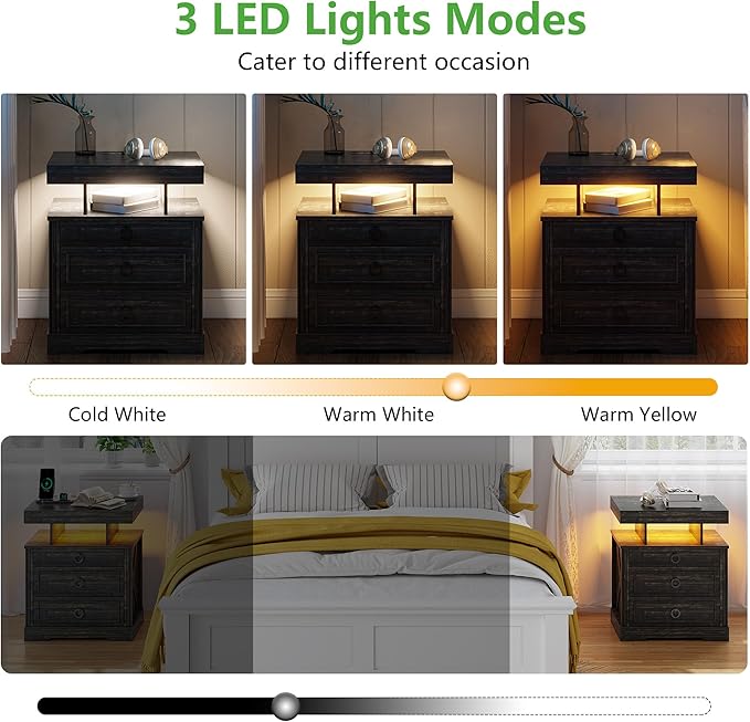 HNEBC Nightstand with Gun Drawers, LED Farmhouse Night Stand with Charging Station, Smart End Table with 3 Color Auto Light, Bedside tabel with Hidden Compartment for Bedroom Furniture-Brown