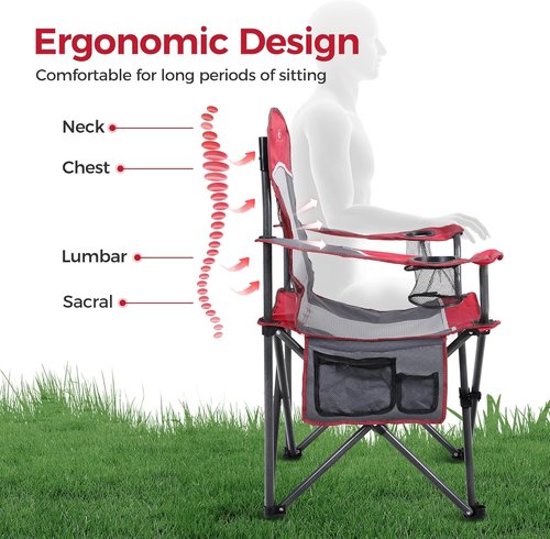 ALPHA CAMP Oversized Mesh Back Camping Chair - Heavy Duty 350 LBS Support | Portable Red Quad Chair with Cup Holder