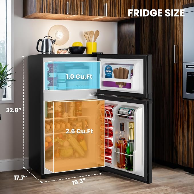 3.6 Cu.Ft Refrigerator with Freezer for Kitchen Office, Black | Double Door Small Fridge with Freezer, 7-Level Thermostat, Adjustable Shelves & Quiet Operation for Dorm and Bedroom