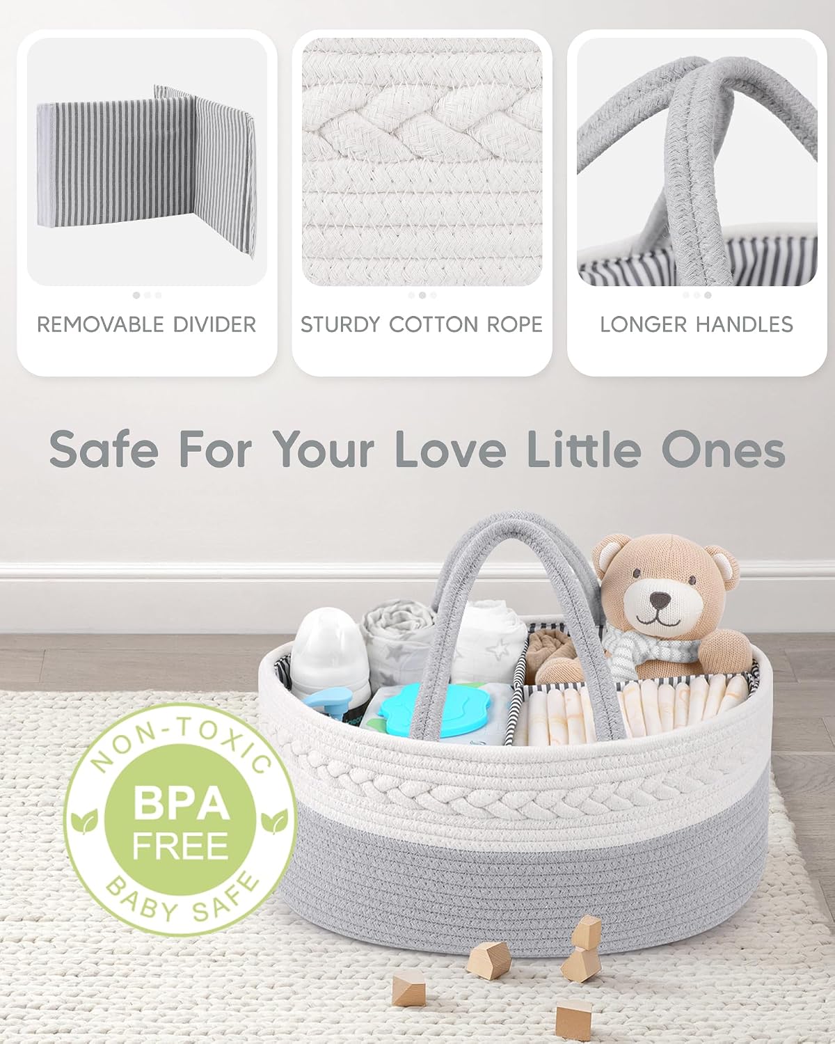 Maliton Diaper Caddy Organizer for Baby Boy- Cotton Rope for Changing Table, Nursery Storage, Newborn Baby Must Have Items