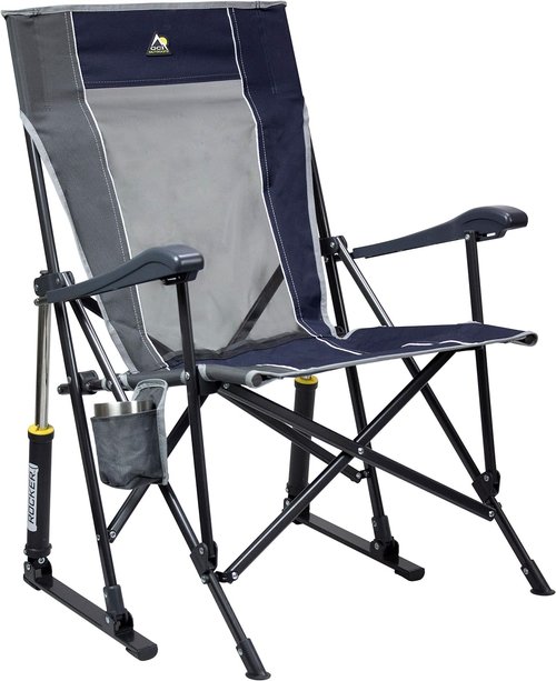 GCI Outdoor RoadTrip Rocker Camping Chair - Portable Folding Rocking Chair with Drink Holder & Extended Backrest | Indigo Blue