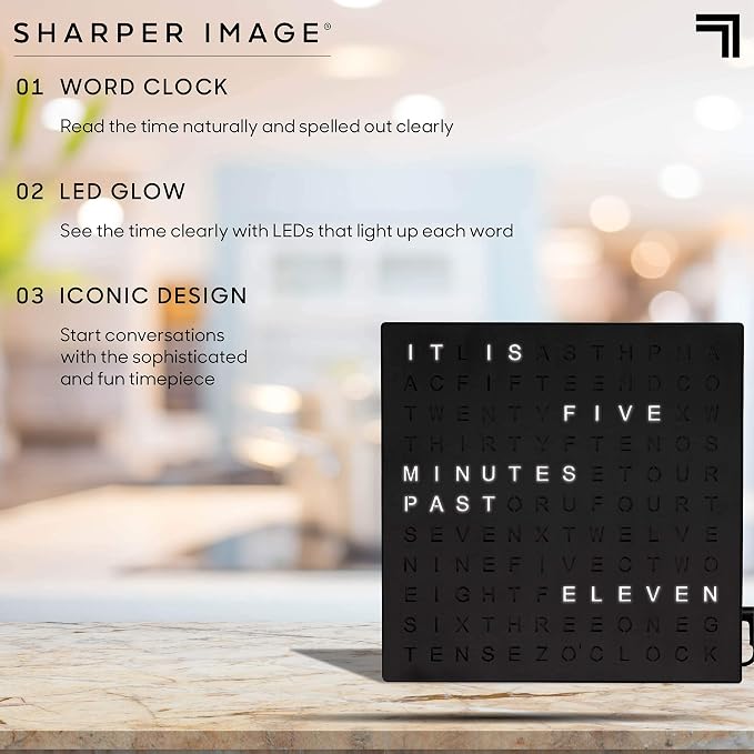 Sharper Image LED Word Digital Clock, Light-Up Desk & Wall Clock, Modern Time