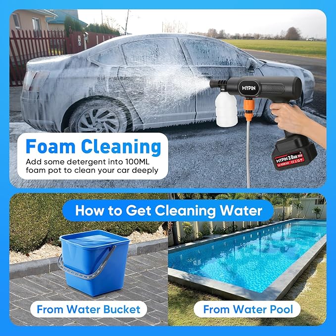 Portable Cordless Pressure Washer, 600 PSI 21V Rechargeable Two Batteries Powered Pressure Washer,6-in-1 Nozzle with Standard Nozzle for Car Floor Wall Fence Cleaning