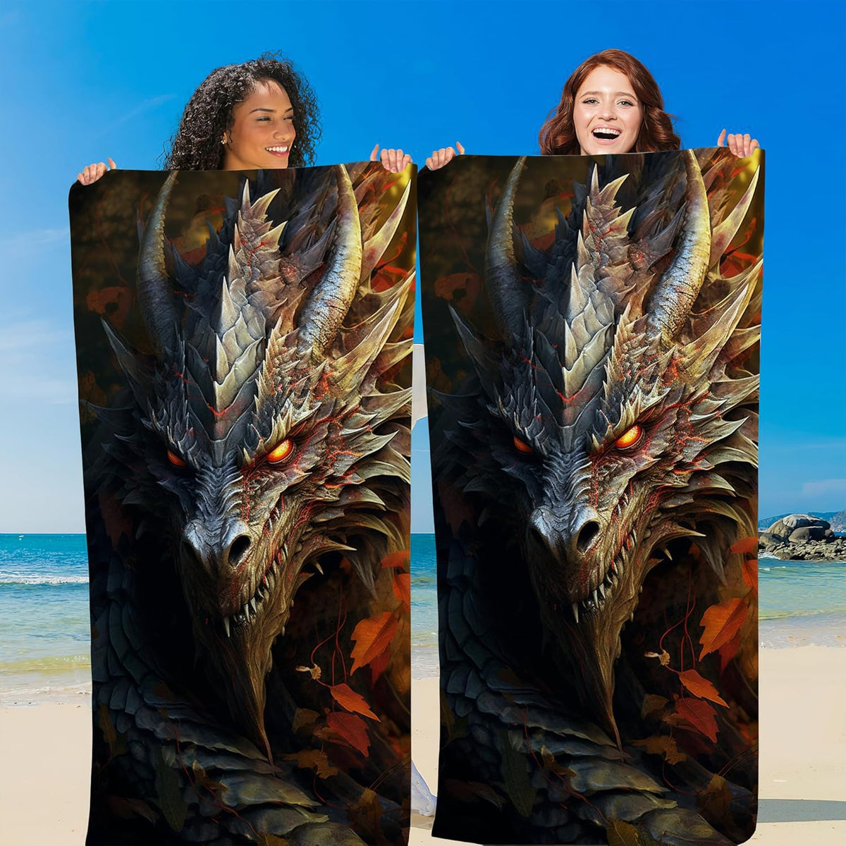Personalized Dragon Beach Towel - Custom Black Dragon Design | Large Bath Towels for All Ages