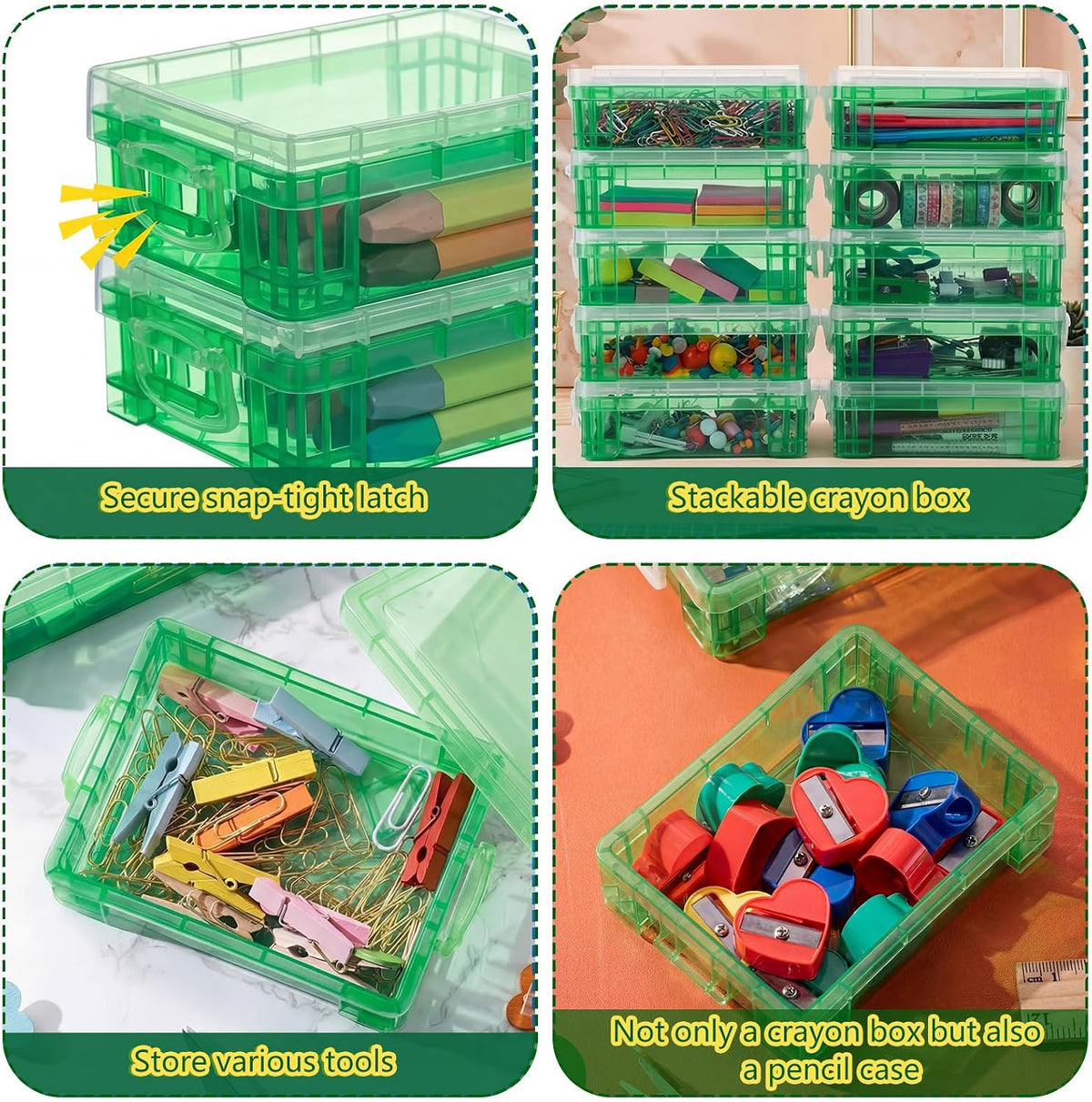 Suzile 50 Pcs Plastic Crayon Box with Lid 4.8 x 3.4 x 1.6 In Crayon Storage Containers Bulk for Office School Classroom Supplies Pen Pencil Art Crafts (Green)