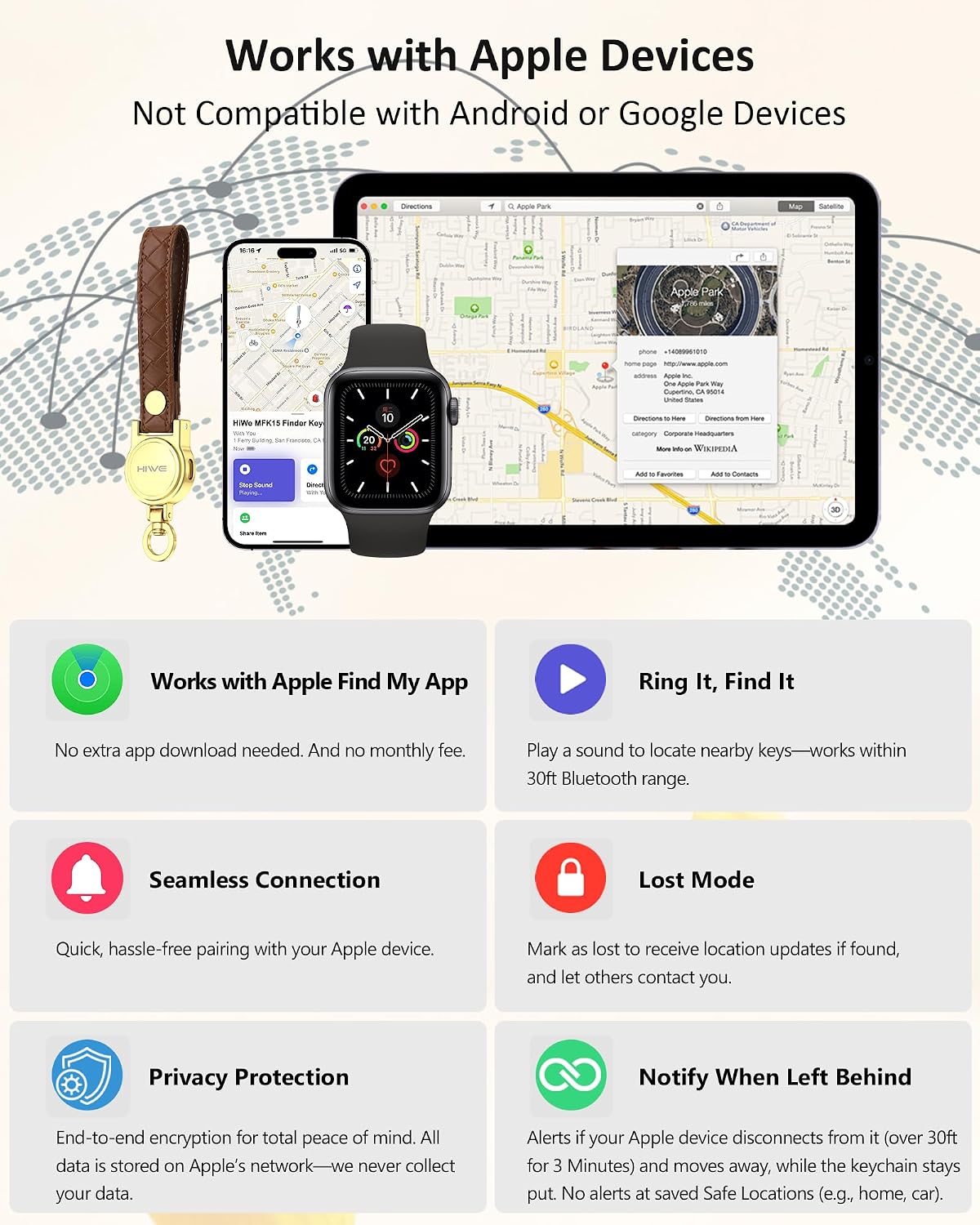 HiWe Anti-Lost Keychain, Works with Apple Find My, Carabiner Car Key Holder with Texture Leather Strap, Bluetooth Key Finder Tracker, USB-C Rechargeable, Brown