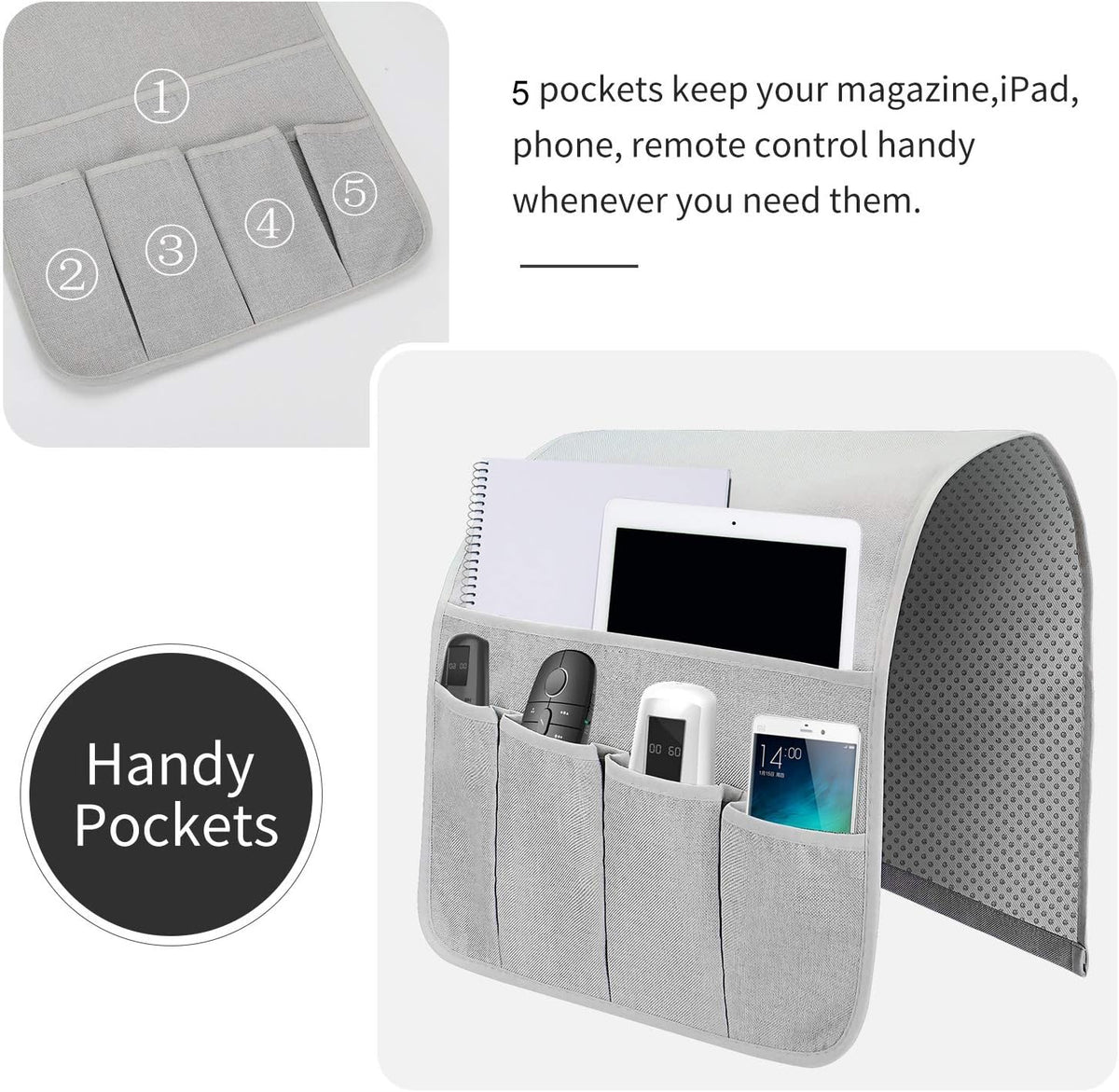 Sofa Armrest Organizer, Remote Control Holder for Recliner Couch, Arm Chair Caddy with 6 Pockets for Magazine, Tablet, Phone, iPad (Silver Gray, W13'' x L33'')