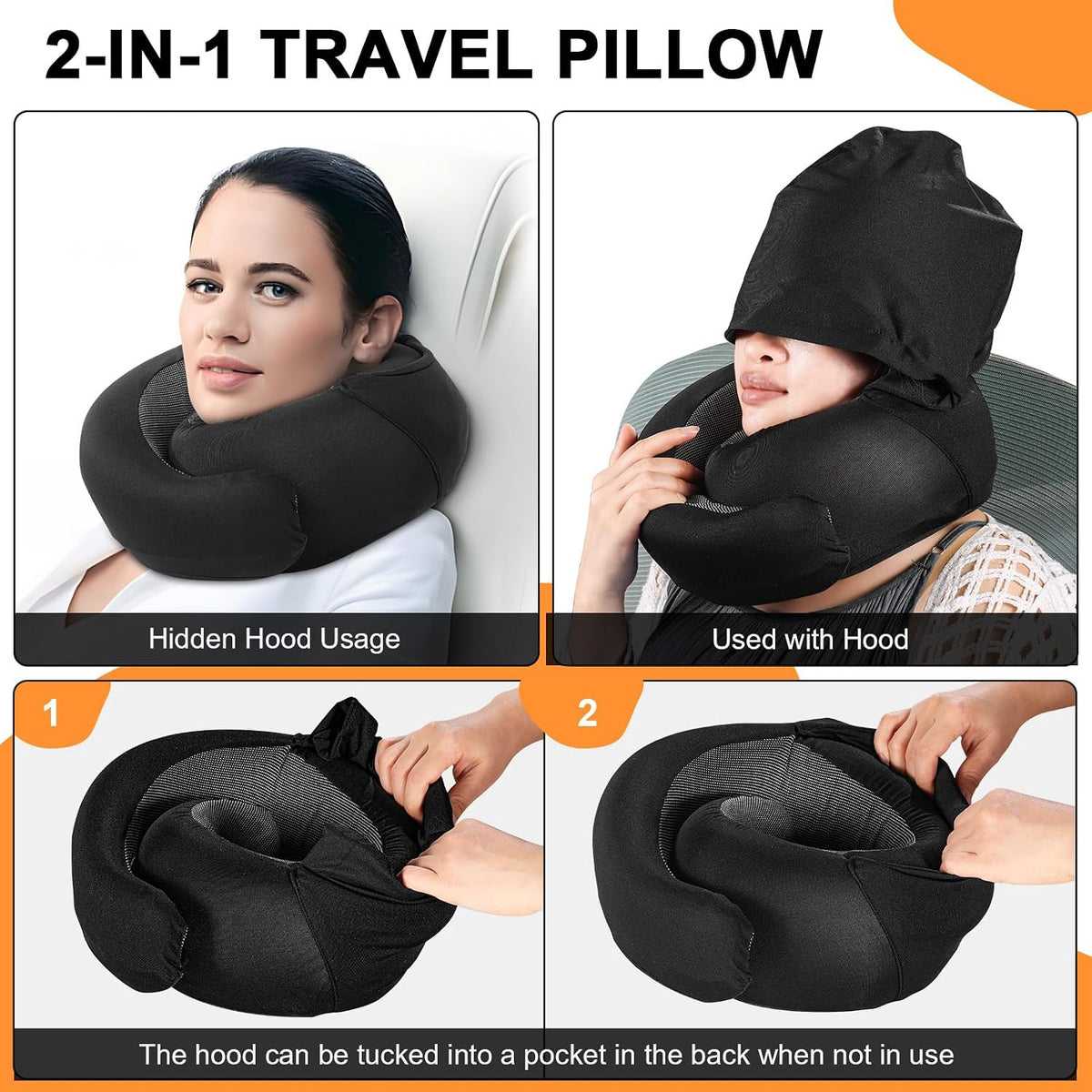 Travel Pillow Blanket Set - Hooded Neck Pillows Airplane with Portable Bag Earplugs, Memory Foam Filling, Long Flights Trip Essentials for Plane, Office, Cars Sleeping