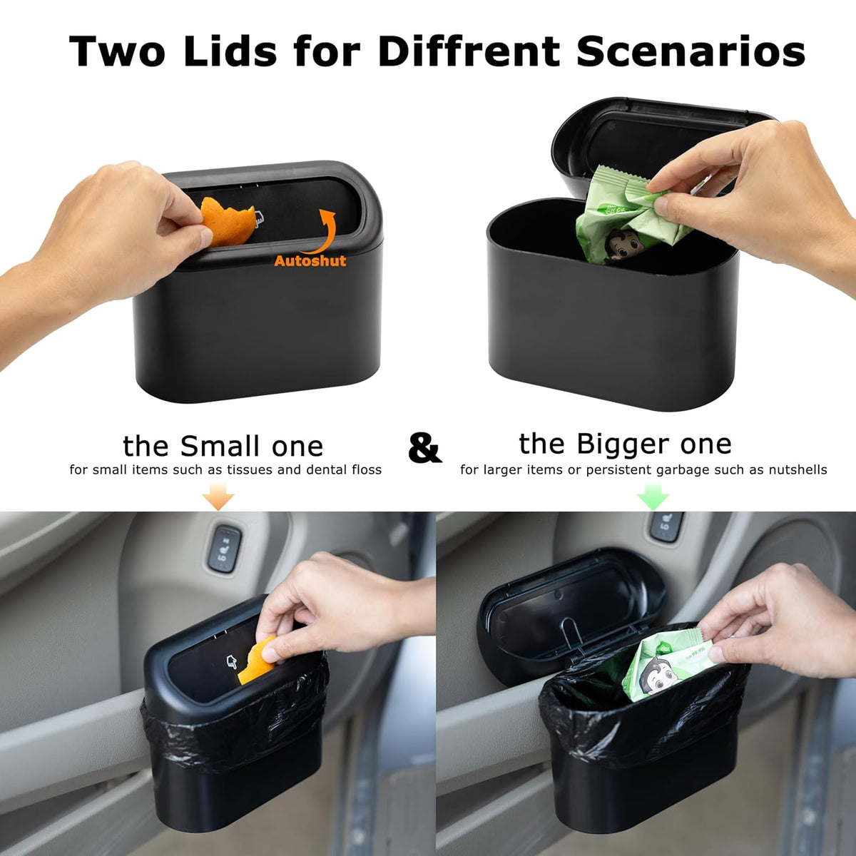 Ginsco 2 Pack Mini Car Trash Can with Lid, Small Car Garbage Can, Cute Leakproof ABS Trash Bin, Cars Accessories for Interior, Garbage Bin for Car, Home, Office with 120pcs Trash Bags Black