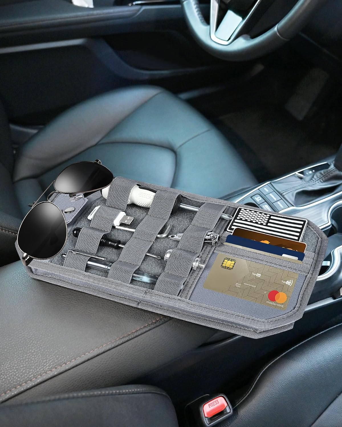 Heavy Duty Molle Car Sun Visor Organizer Tactical Pounch with Flag and Glasses Clip Store Your Daily Items for Most Cars, Trucks, SUVs, Compacts, 12.8"x6.9"x1.2" (Gray)