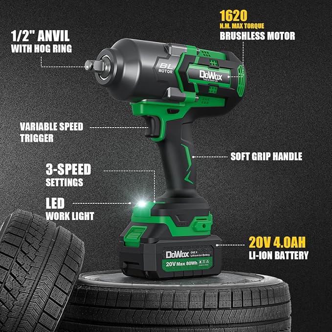 Cordless Impact Wrench 1/2 Inch, 1620Nm High Torque Impact Gun Compatible With Makita Battery, 20V/4.0 Ah High Capacity Battery and Fast Charger, for Car Truck SUV Tires