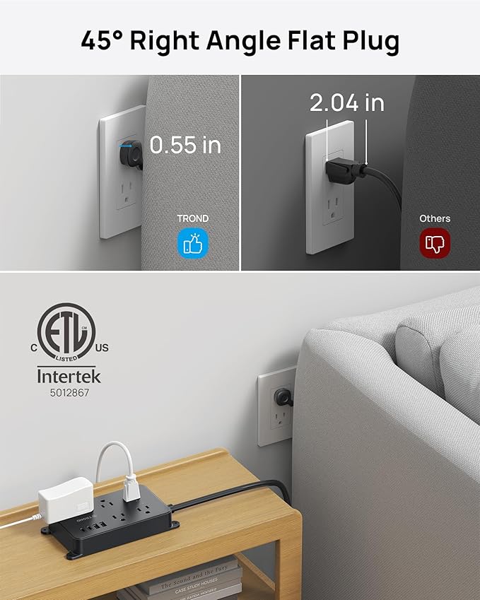 TROND Surge Protector Power Strip, 15ft Long Extension Cord, ETL Listed, 5 Widely Spaced AC Outlets, 2 USB A and 2 USB C, 1300J, Low-Profile Flat Plug, Wall Mountable, for Kitchen Office, Black