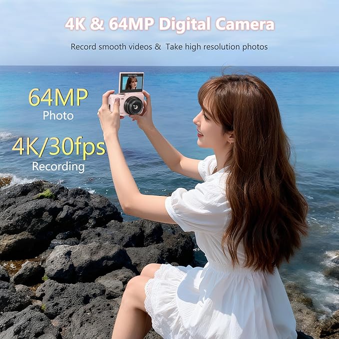 4K Digital Camera with 64MP Photos, Vlogging Camera with 180° Flip Screen